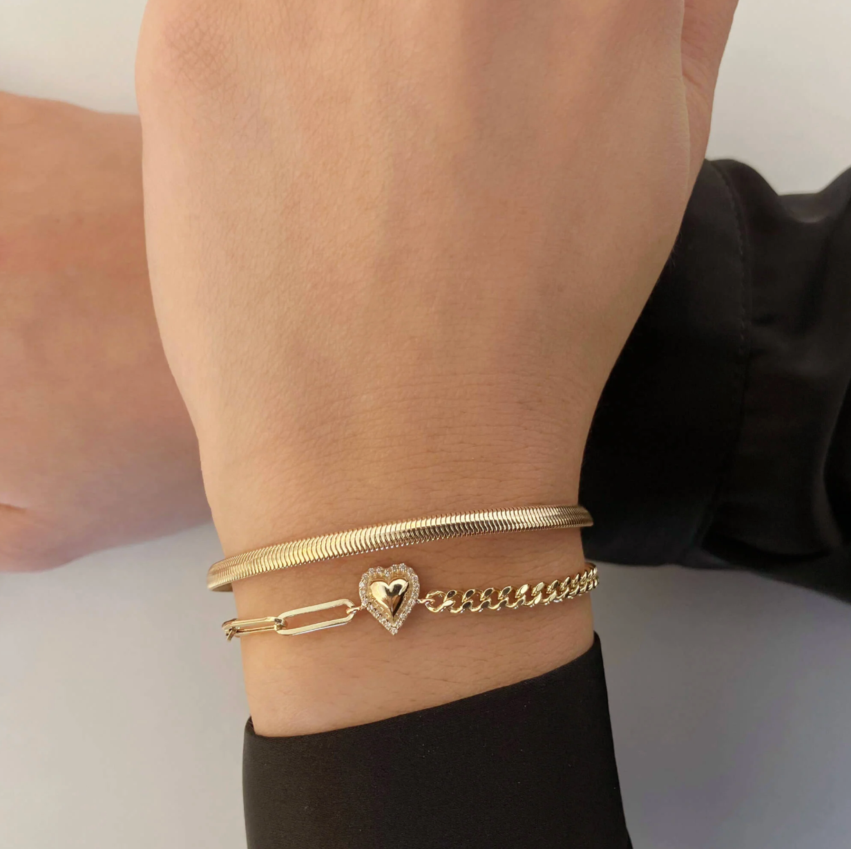 Puffy Gold Gemstone Heart Half Cuban & Paperclip Bracelet