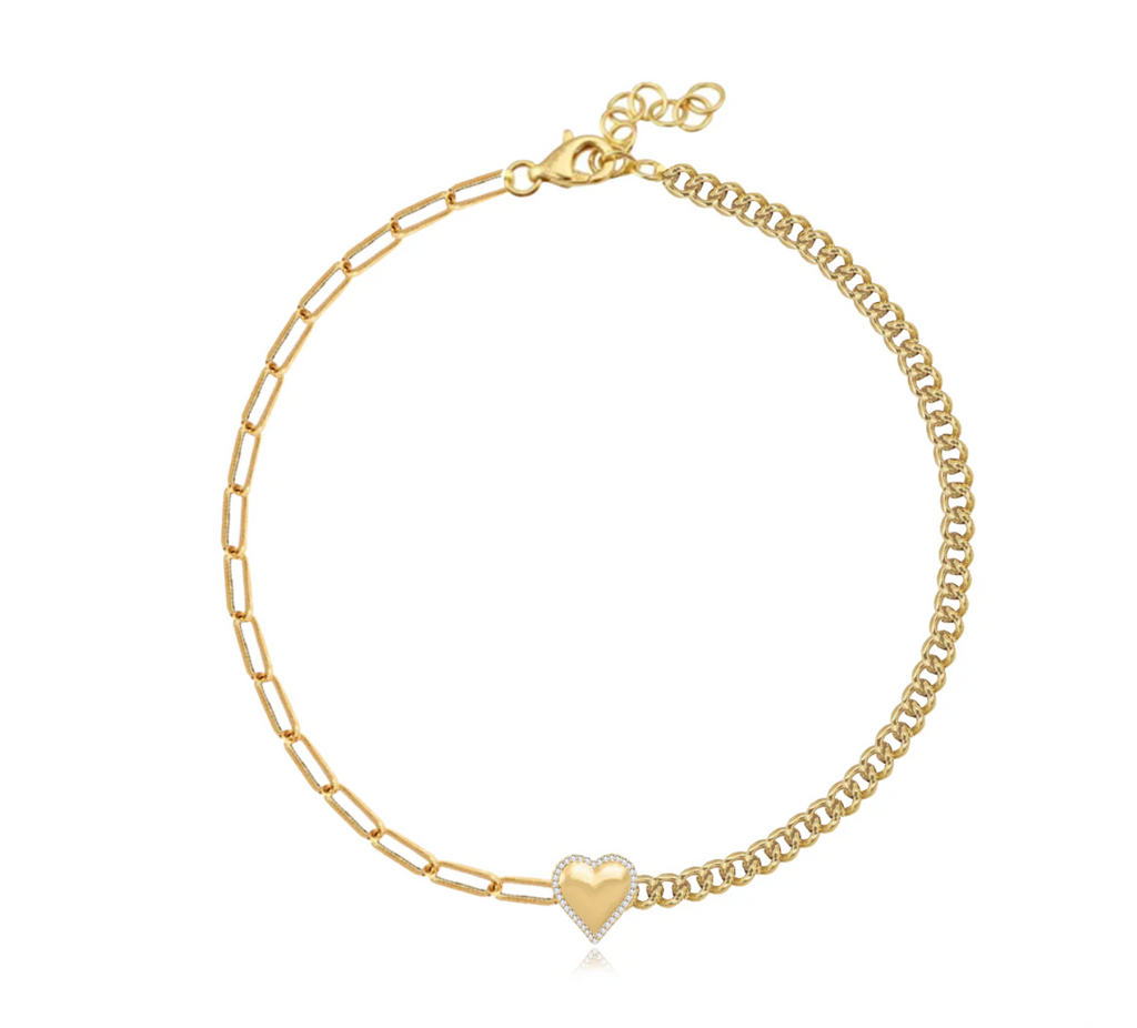 Puffy Gold Gemstone Heart Half Cuban & Paperclip Bracelet