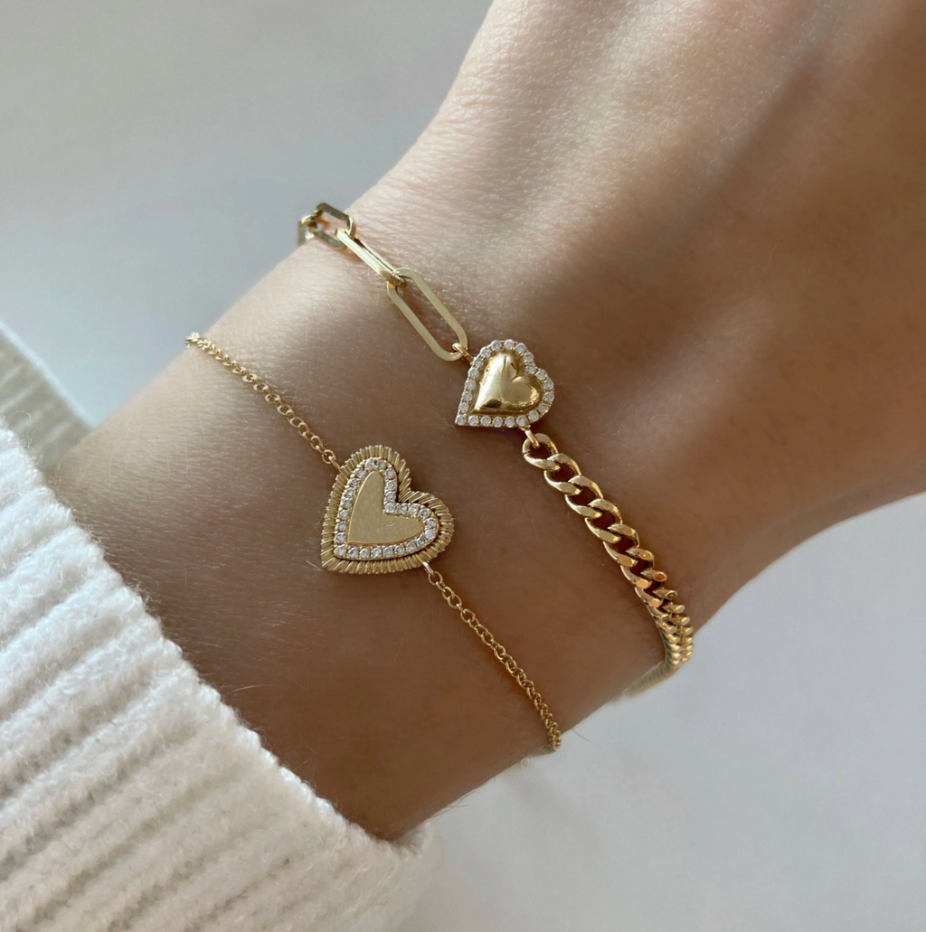 Puffy Gold Gemstone Heart Half Cuban & Paperclip Bracelet