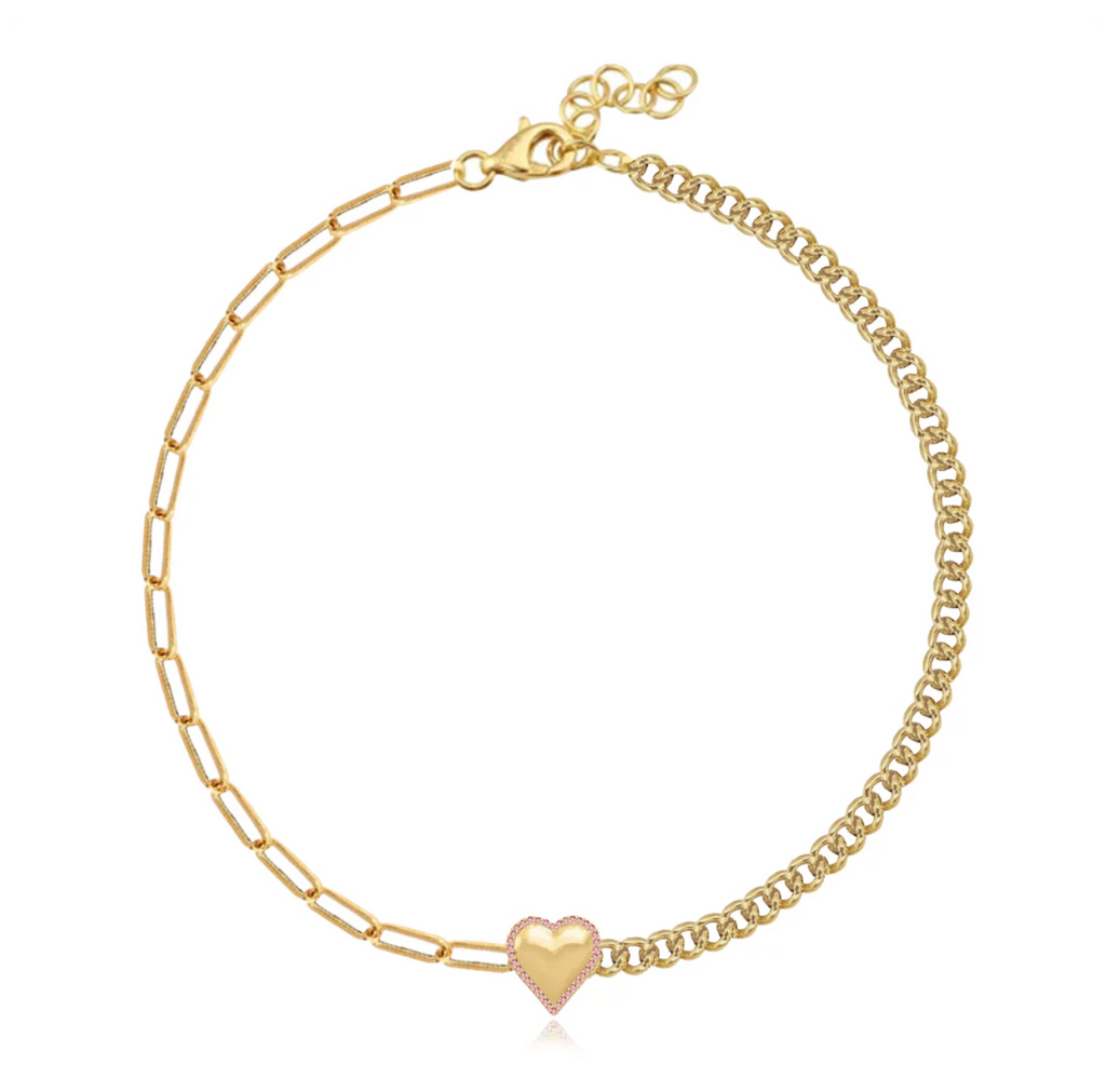 Puffy Gold Gemstone Heart Half Cuban & Paperclip Bracelet